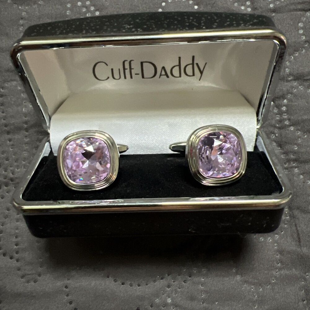 Cuff-Daddy Silver Bullet Back Cufflinks w/ Square Purple Swarovski Crystal NWOT